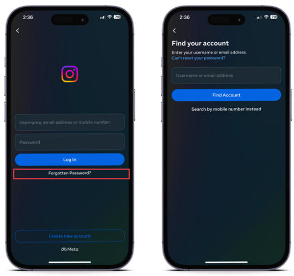 Gendan adgangskode til Instagram-konto på iPhone