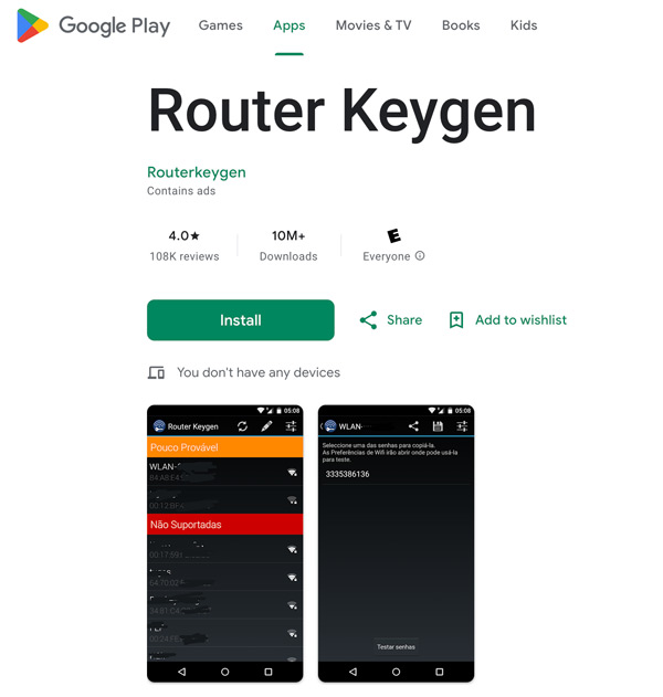 Langattoman verkon salasanan katseluohjelma Android Router Keygen