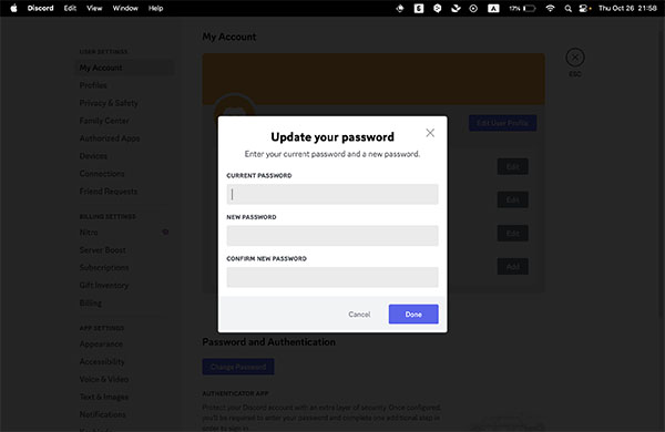 Modifica la copia della password Discord