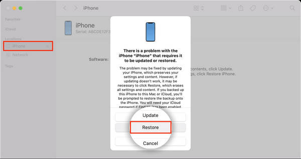 Obnovte přístupový kód iPhone iPad přes Finder