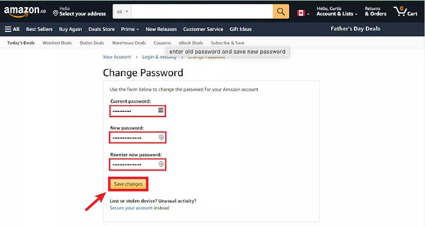 Изменить пароль Amazon на рабочем столе