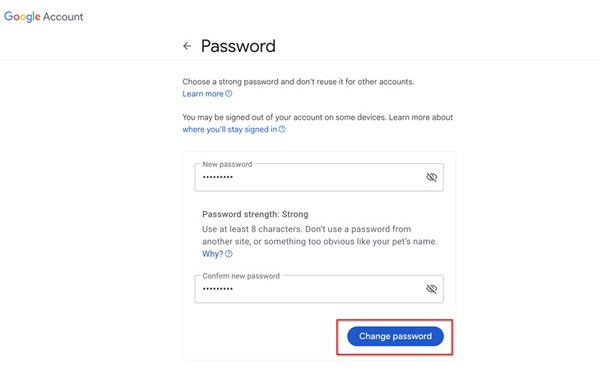 Google खाता बदलें पासवर्ड बदलें
