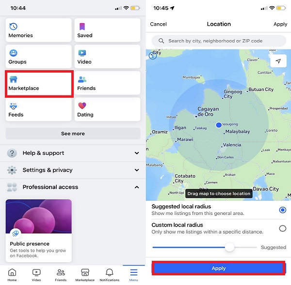 Modifica la posizione del Marketplace nell'app FB