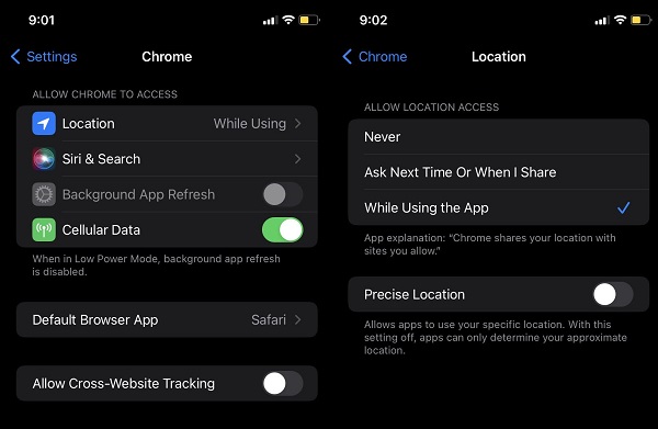 Configuración de ubicación de Chrome iPhone