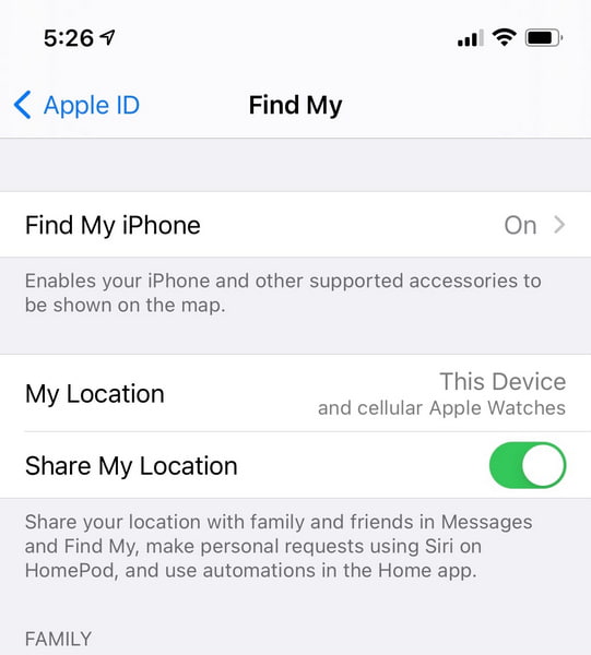 Activați Partajați locația mea în Find My