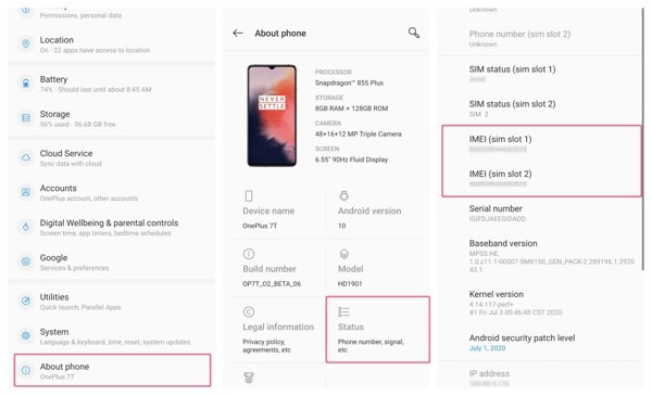 Paramètres IMEI Android