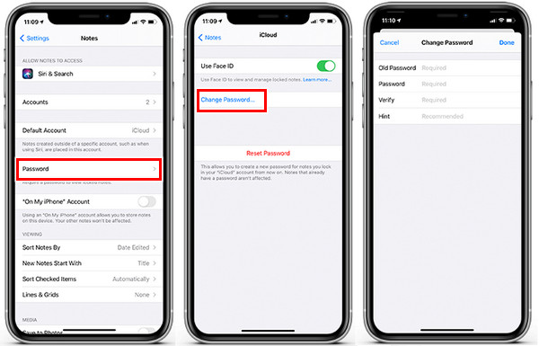 更改 Notes 密碼 IOS 15 早期版本