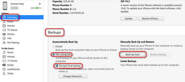 Angi iTunes Backup Password
