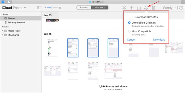 Last ned bilder fra iCloud på nettstedet