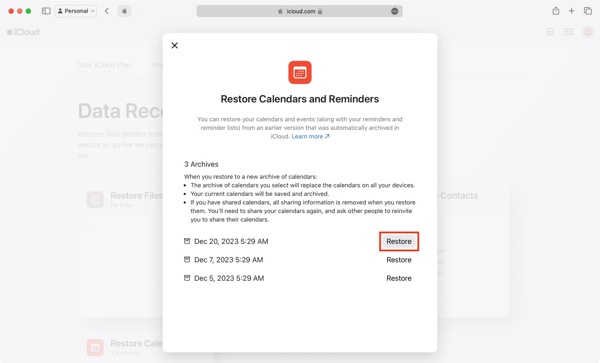 Obnovit připomenutí Icloud