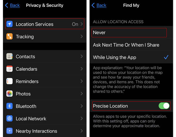 Turn off Location in Settings