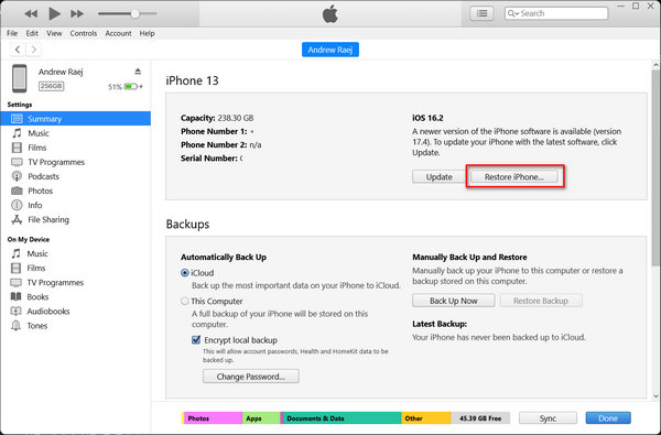 Obnovte iPhone v iTunes