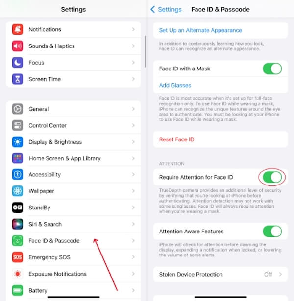 Vyžadovat pozornost pro Face ID na iPhone