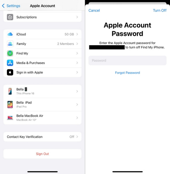 透過設定退出 Apple ID