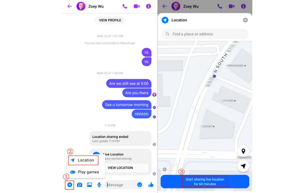 Lähetä sijainti Messengerissä Androidilla